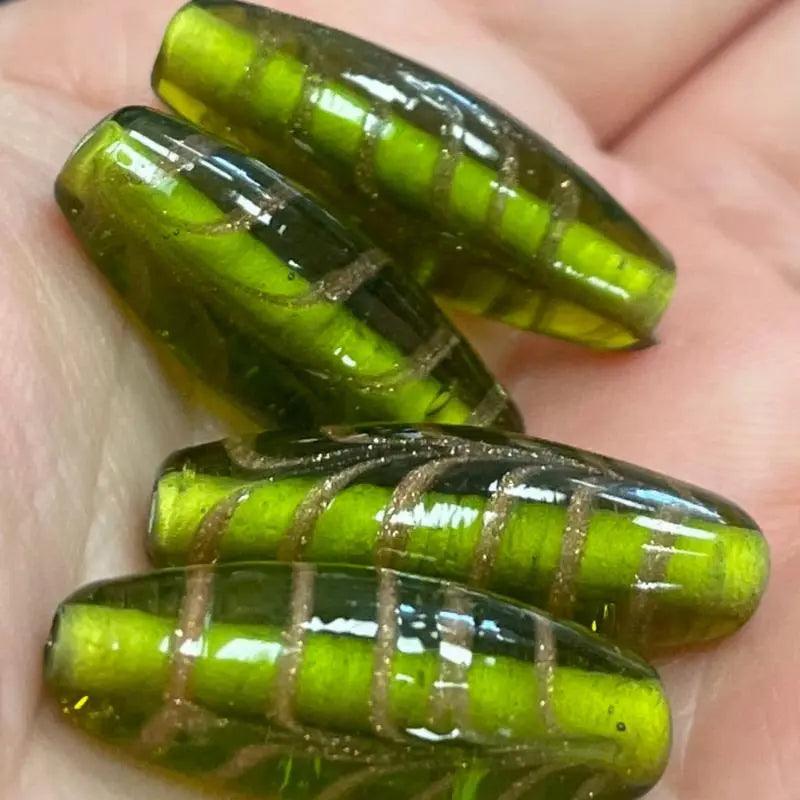4 Vintage Green Olivine Gold Spiral Oval Glass Beads - Sea Beads