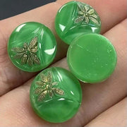 4 Vintage Green Silky Floral Round Glass Cabochons - Sea Beads