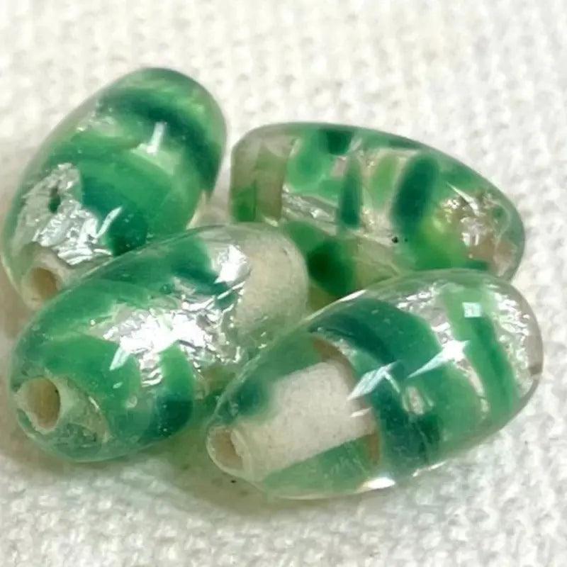 4 Vintage Green Silver Foil Italian Oval Glass Beads - Sea Beads
