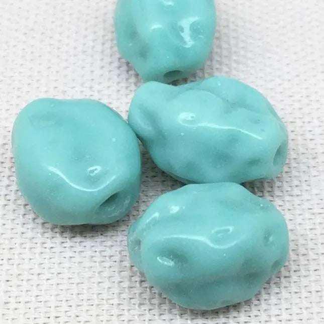 4 Vintage Green Teal Japan Baroque Oval Glass Beads - Sea Beads