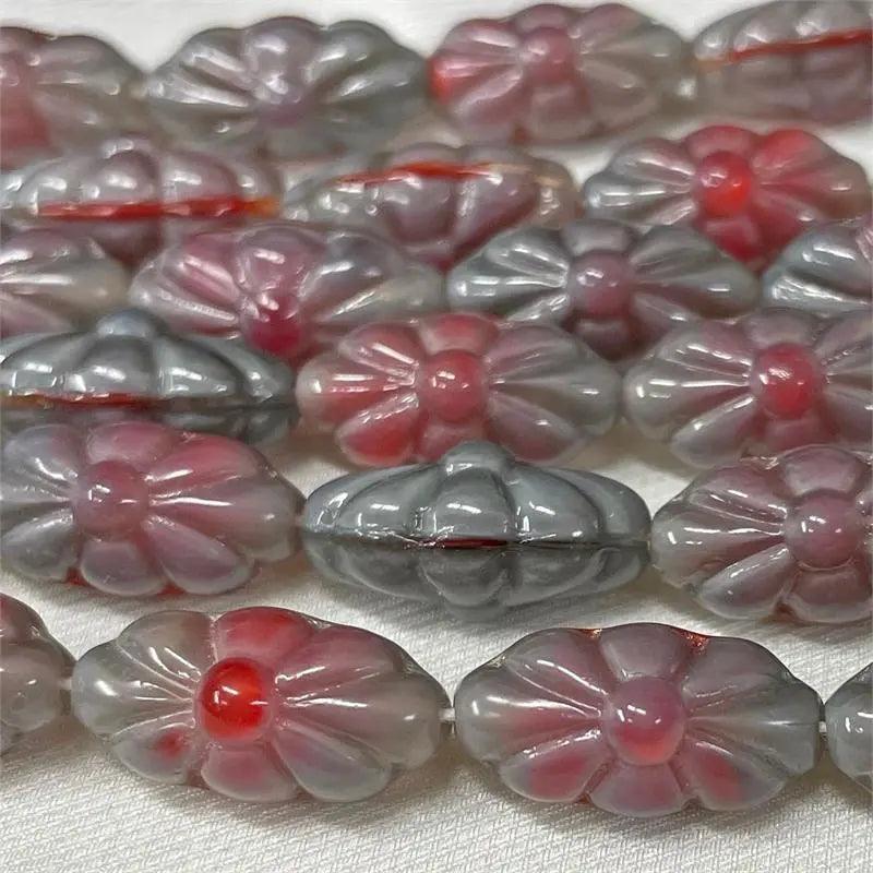 4 Vintage Grey Red German Givre Opal Floral Glass Beads - Sea Beads