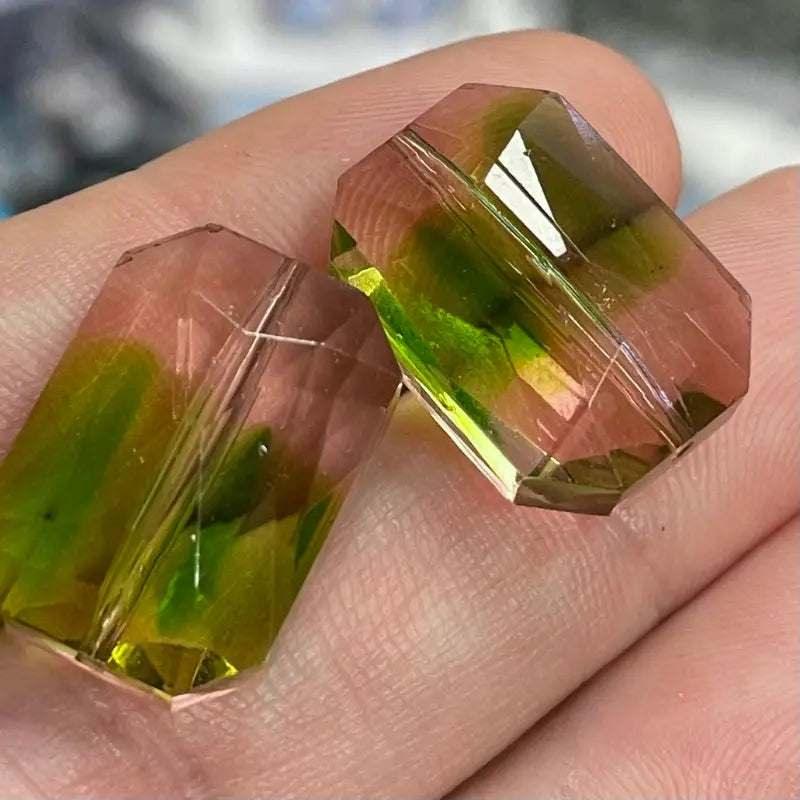 4 Vintage Pink Green Faceted Polygon Glass Beads - Sea Beads