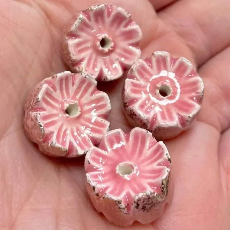 4 Vintage Pink Japan Flower Porcelain Beads - Sea Beads