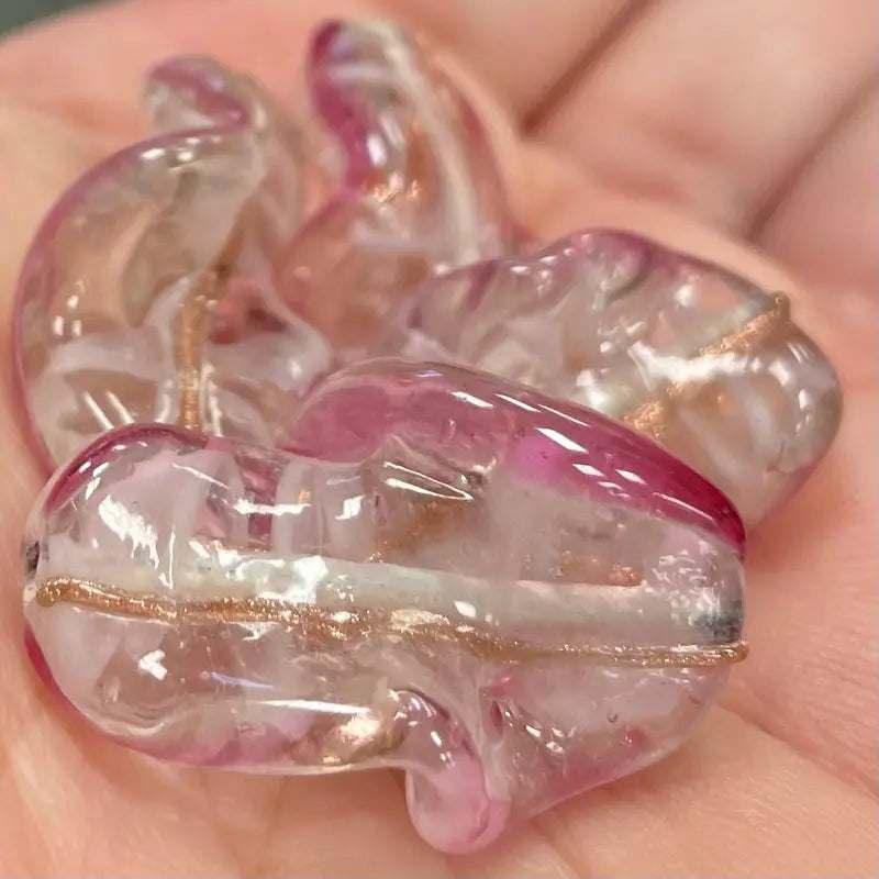 4 Vintage Pink Striped Wavy Focal Glass Beads - Sea Beads