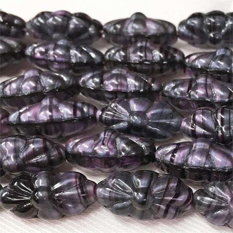 4 Vintage Purple Black German Floral Striped Glass Beads - Sea Beads