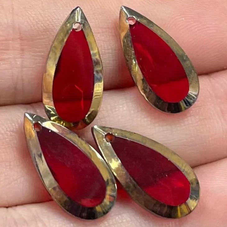 4 Vintage Red Glass Pendants Gold Trim - Sea Beads