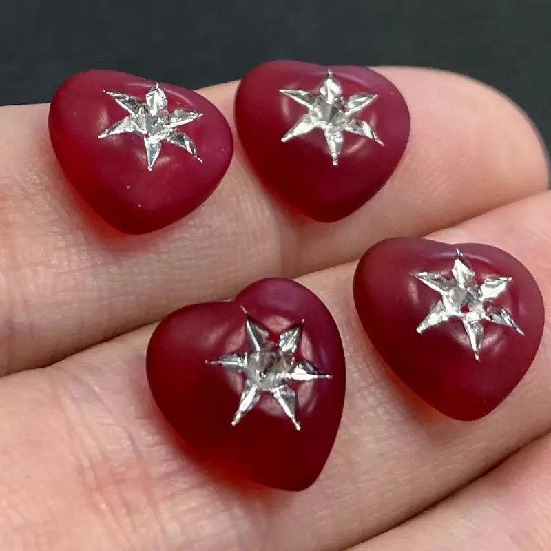 4 Vintage Red Heart Star Matte Glass Stones - Sea Beads