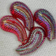 4 Vintage Red Iridescent Feather Glass Cabochons - Sea Beads