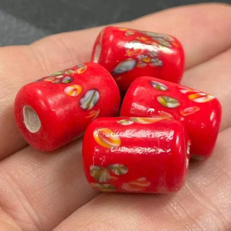 4 Vintage Red Japan Millefiori Tube Glass Beads - Sea Beads