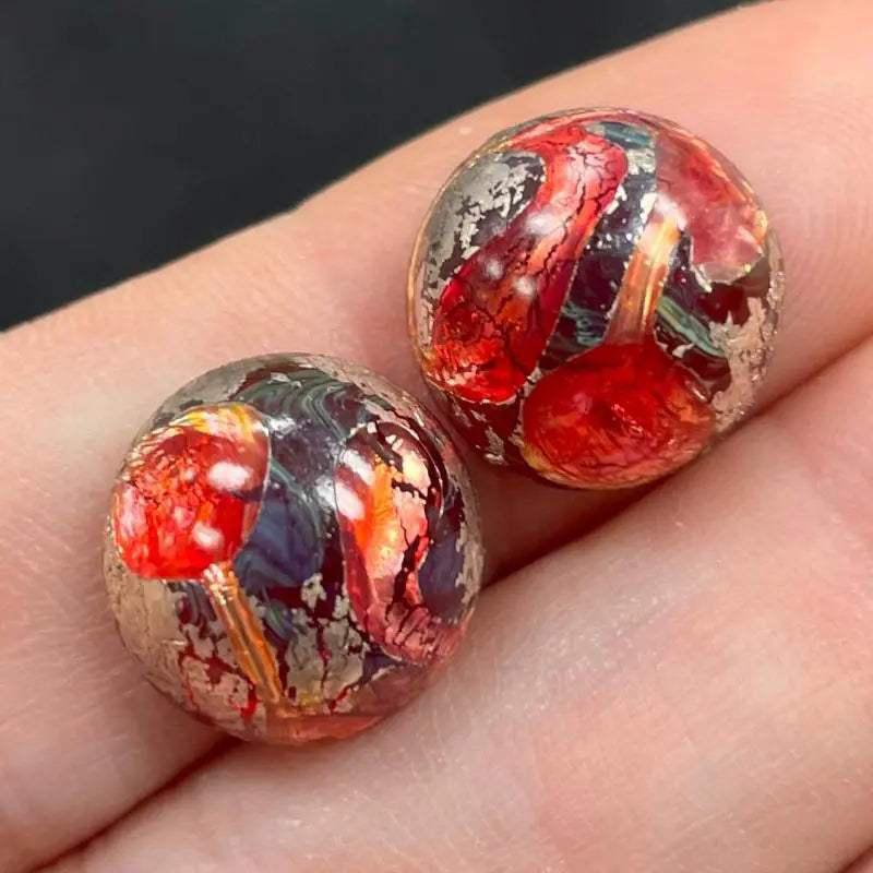 4 Vintage Red Japan Silver Foil Round Glass Cabochons - Sea Beads