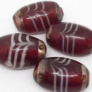4 Vintage Red Siam Large Striped Oval Glass Beads - Sea Beads