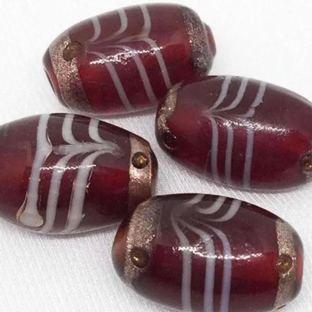 4 Vintage Red Siam Large Striped Oval Glass Beads - Sea Beads
