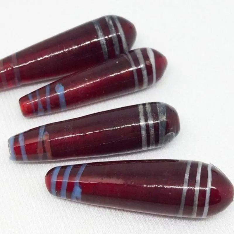 4 Vintage Red Siam Striped Large Teardrop Glass Beads - Sea Beads
