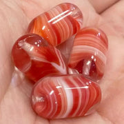 4 Vintage Red White Striped Oval Glass Beads - Sea Beads