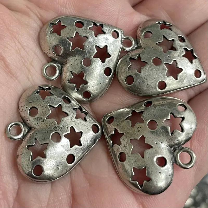 4 Vintage Silver Metal Heart Pendants - Sea Beads