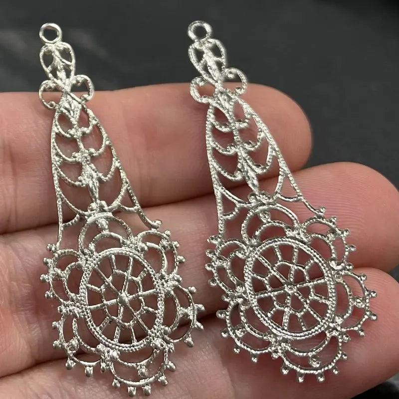 4 Vintage Silver Plated Fancy Filigree Metal Pendants - Sea Beads