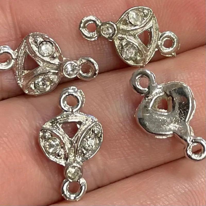 4 Vintage Silver Plated Rhinestone Connector Links - Sea Beads