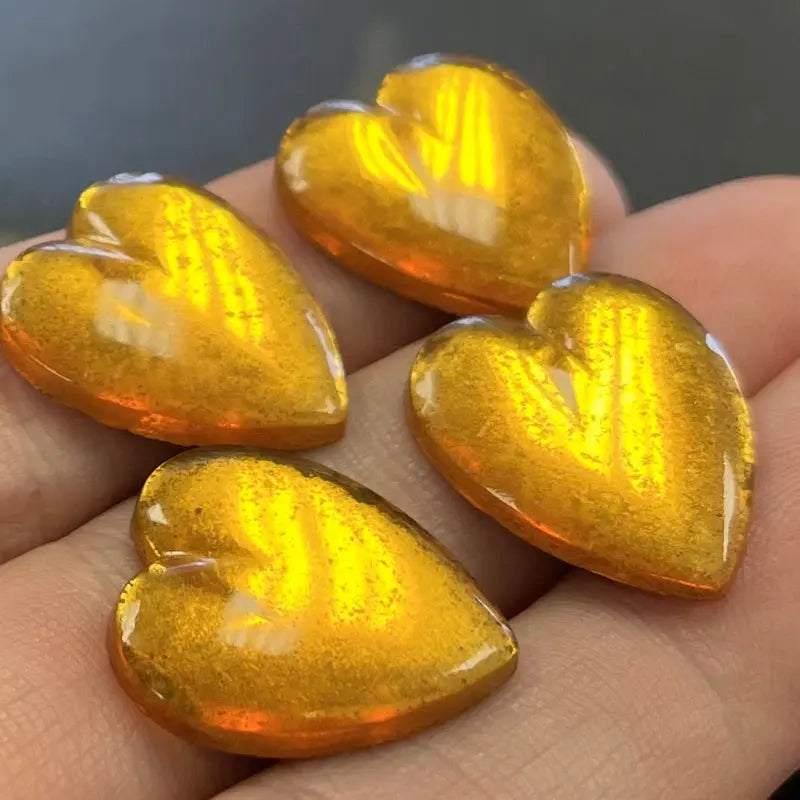 4 Vintage Topaz Golden Heart Glass Cabochons - Sea Beads