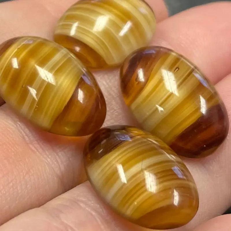 4 Vintage Topaz Striped Oval Glass Cabochons - Sea Beads