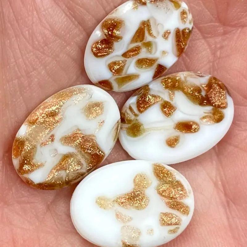4 Vintage White German Aventurine Oval Glass Cabochons - Sea Beads