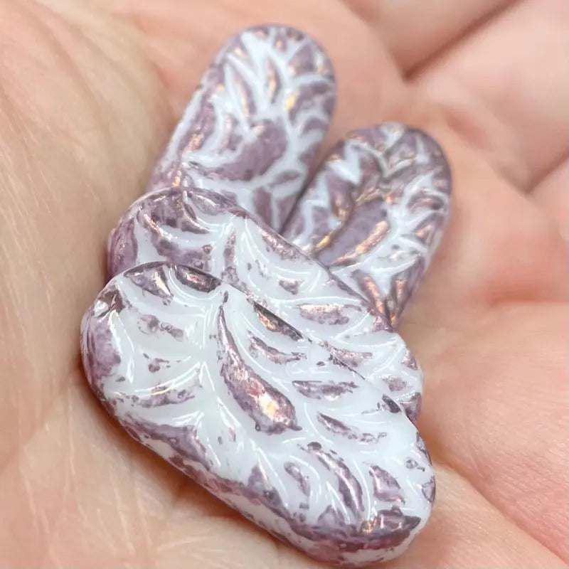 4 Vintage White Lavender Luster Oval Focal Glass Beads - Sea Beads