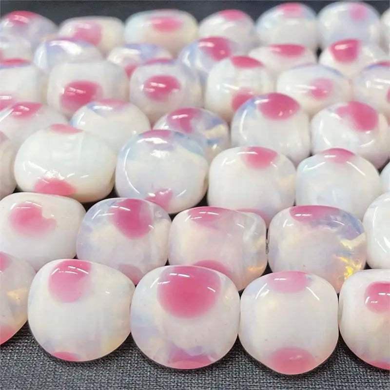 4 Vintage White Pink Japan Opal Dot Glass Beads - Sea Beads