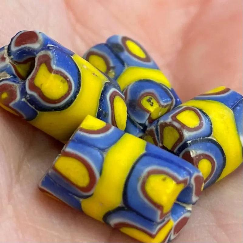 4 Vintage Yellow Blue African Trade Glass Beads - Sea Beads