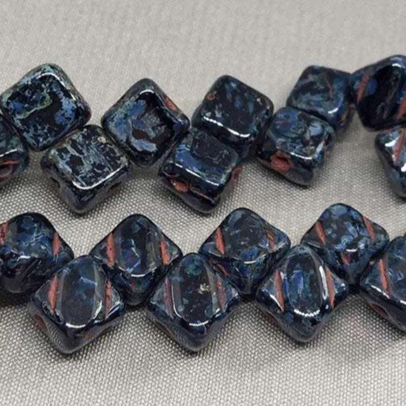 40 Black Picasso Czech 2-Hole Glass Beads - Sea Beads