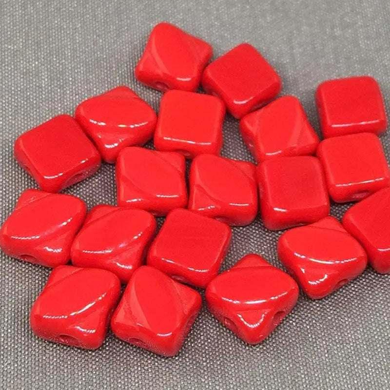 40 Silky Red Czech Two Hole Glass Beads - Sea Beads