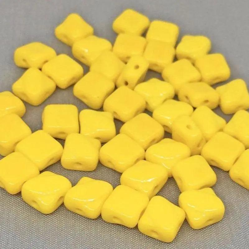 40 Silky Yellow Czech Two Hole Glass Beads - Sea Beads