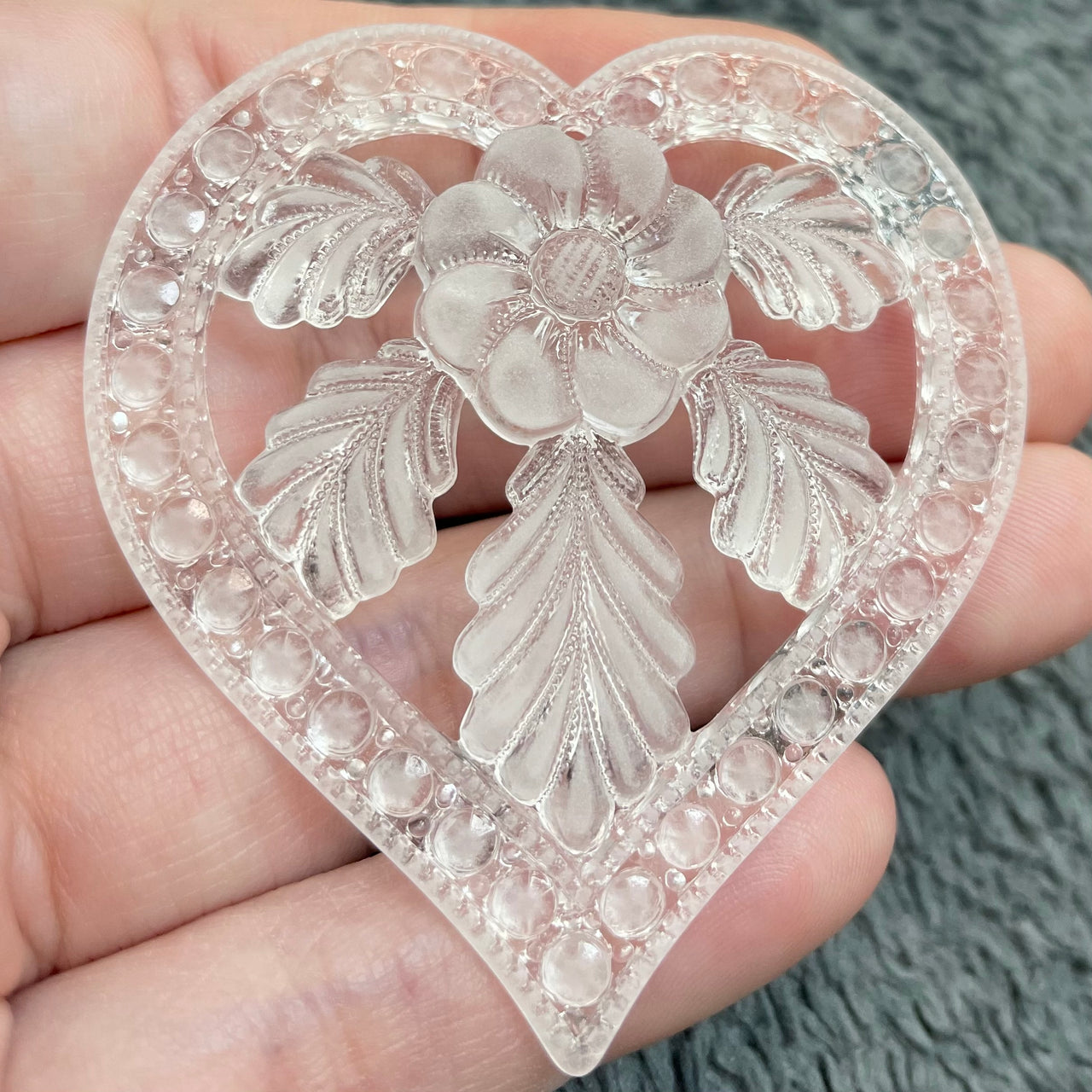 1 Vintage German Frosted Floral Heart Lucite Pendant