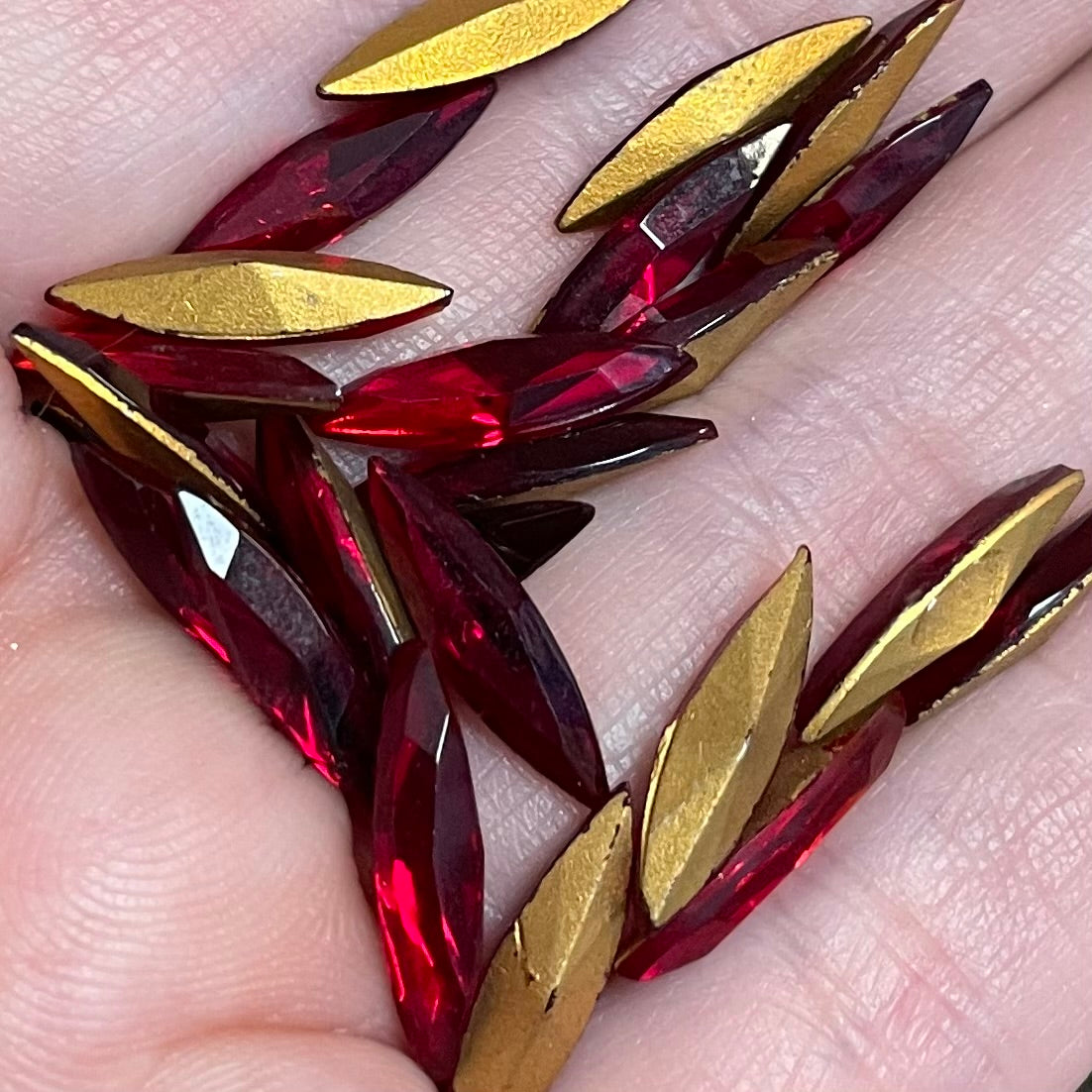 24 Vintage Red Siam Navette Glass Stones