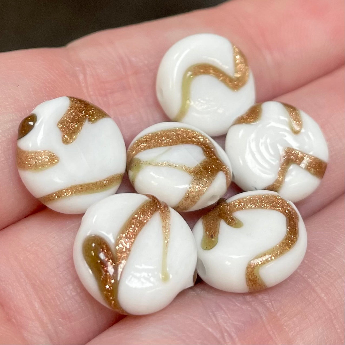 6 Vintage White Copper German Coin Glass Beads