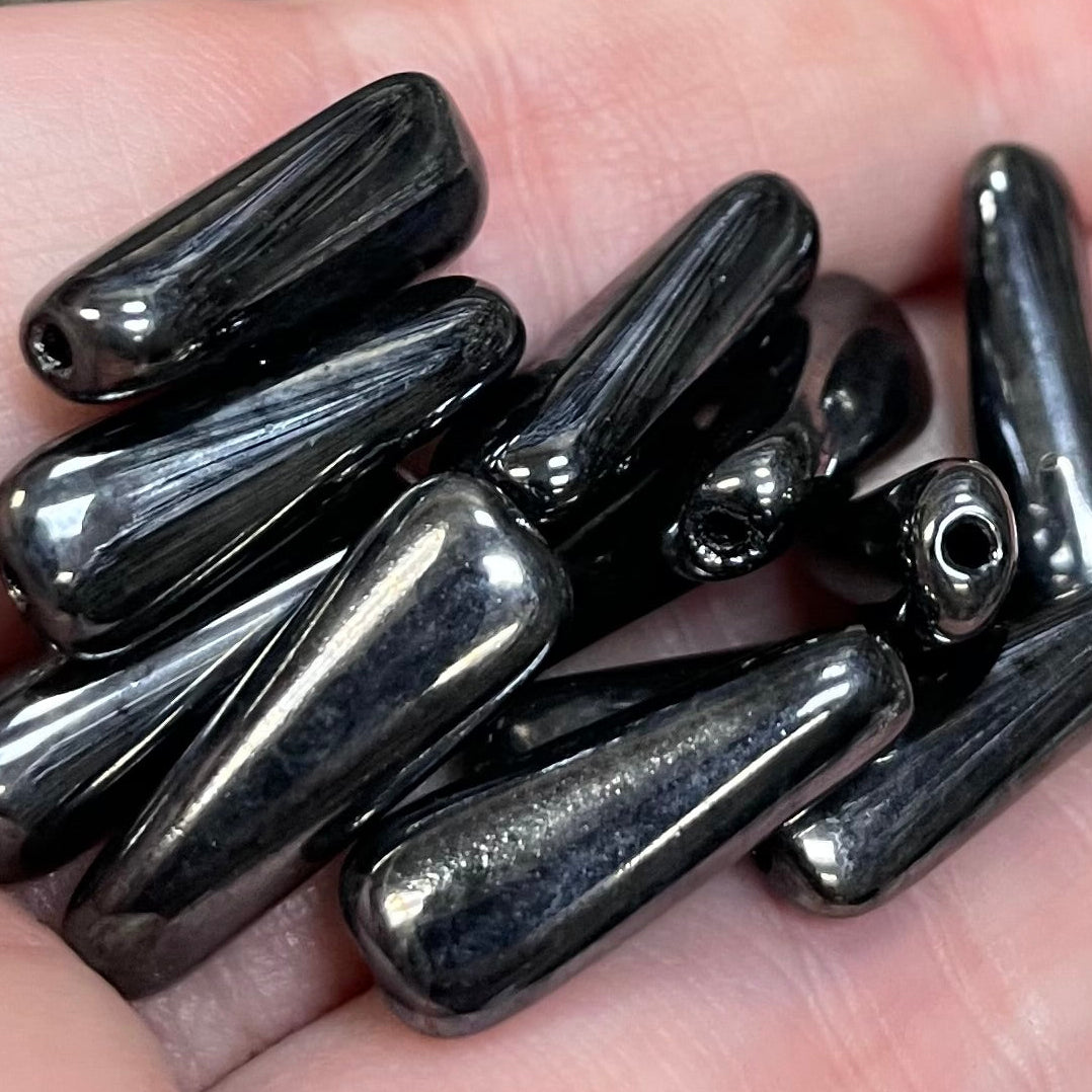 12 Vintage Czech Hematite Teardrop Glass Beads #4964