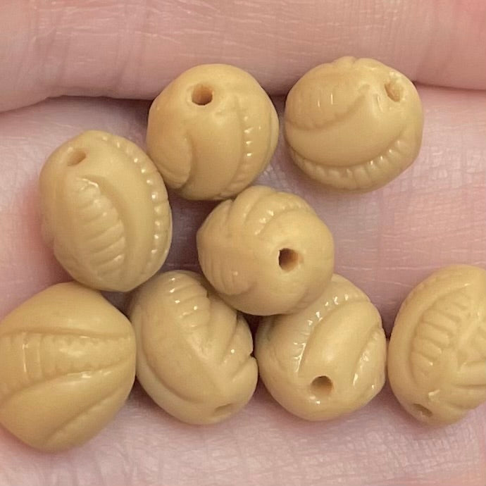 8 Vintage Beige German Etched Oval Glass Beads