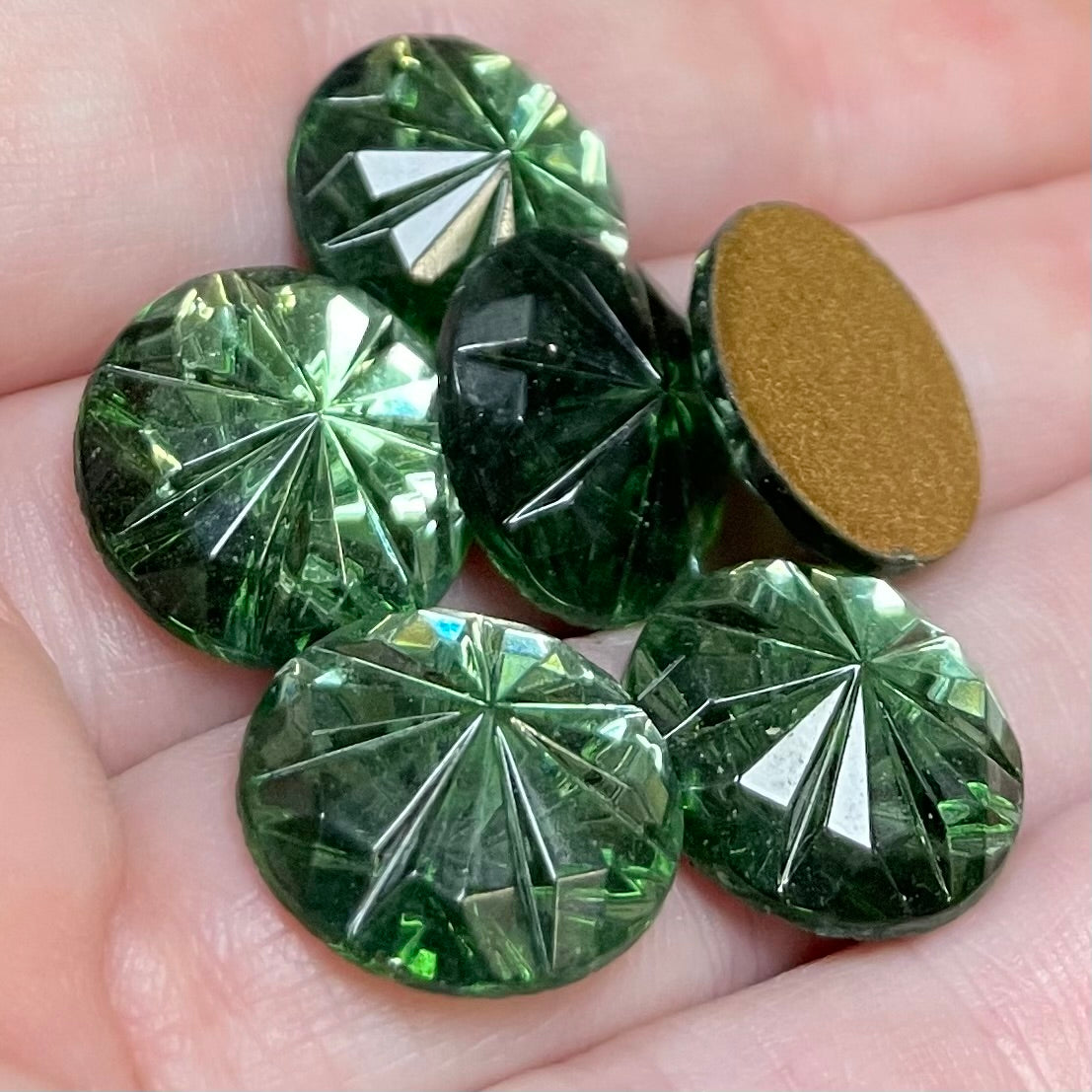 6 Vintage Green Tourmaline German Round Floral Cabochons 12mm