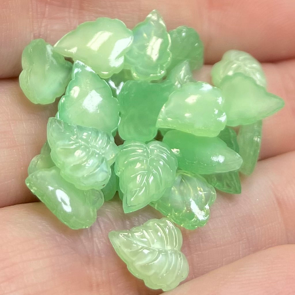 24 Vintage Green Light German Moonglow Leaf Glass Stones