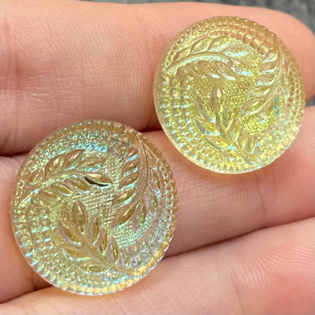 2 Vintage Yellow Light Floral Iridescent Round Glass Cabochons