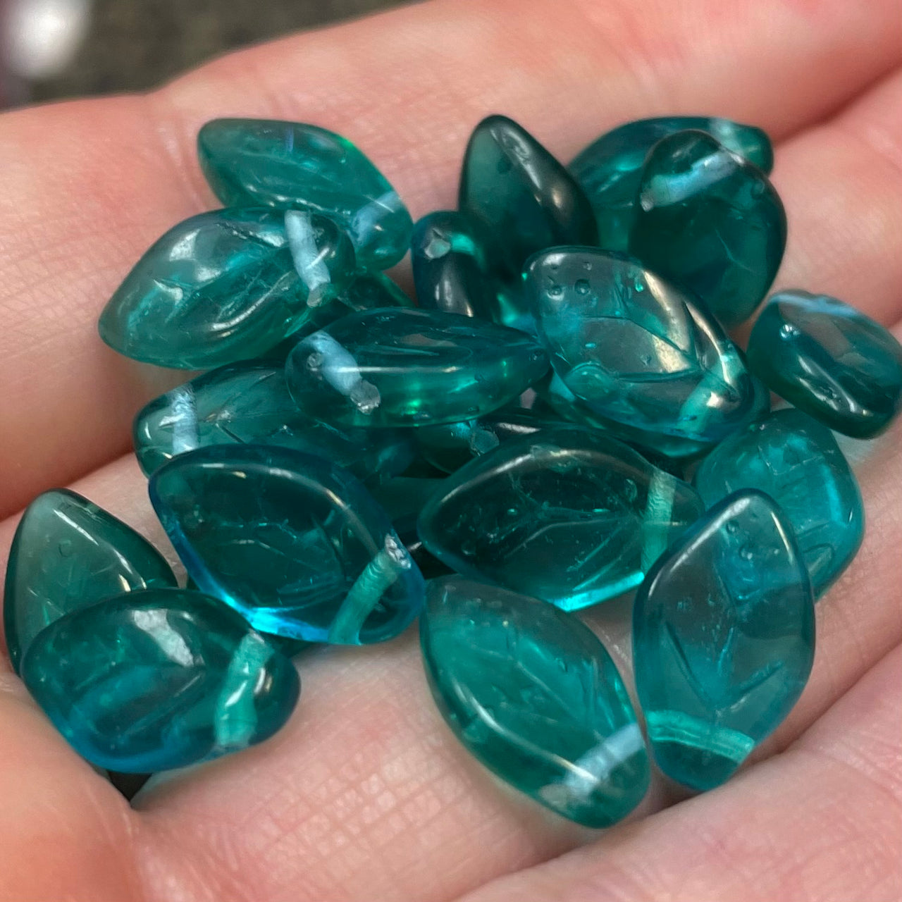 25 Green Light Zircon Aqua Czech Glass Leaf Beads