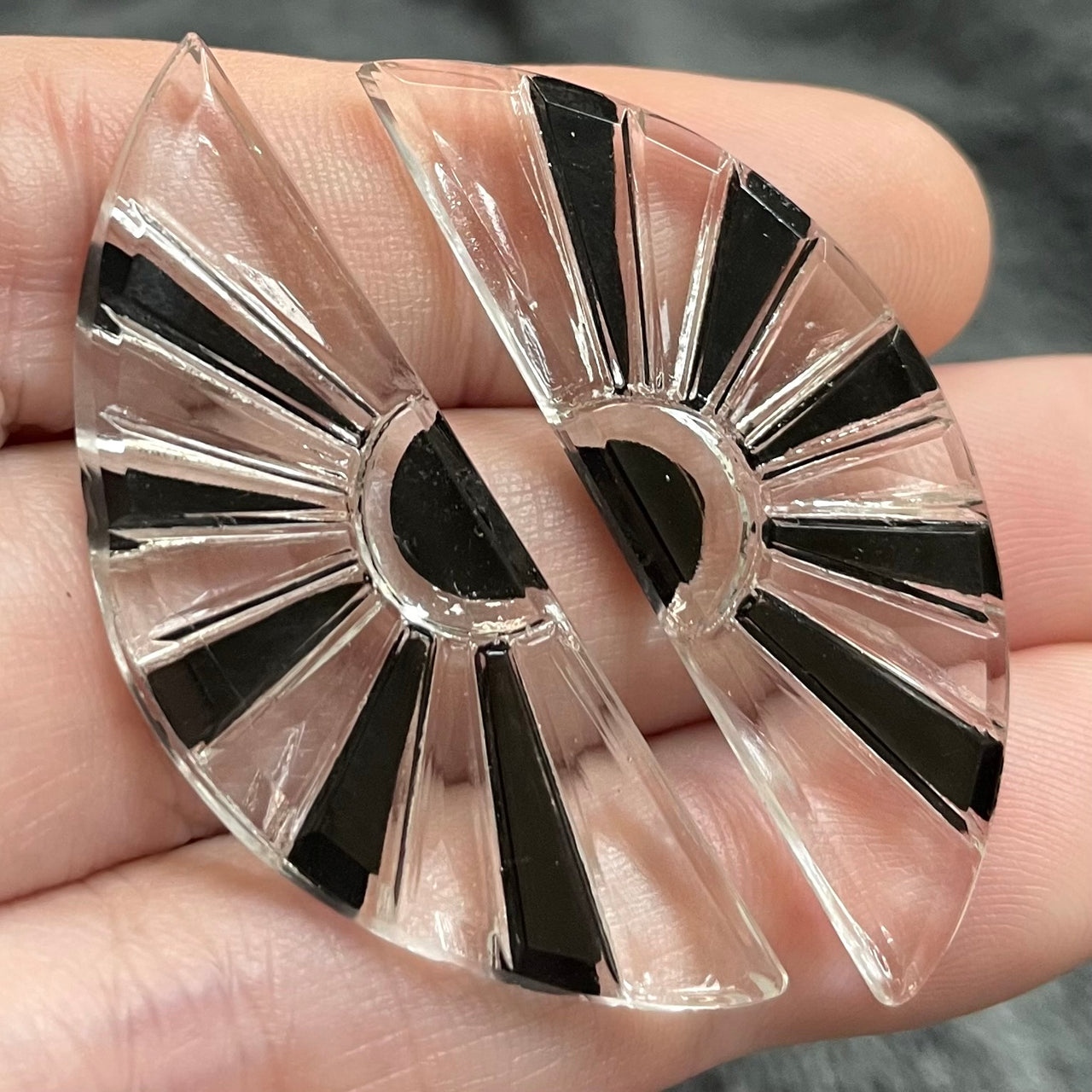 2 Vintage Black Clear Art Deco Glass Stones