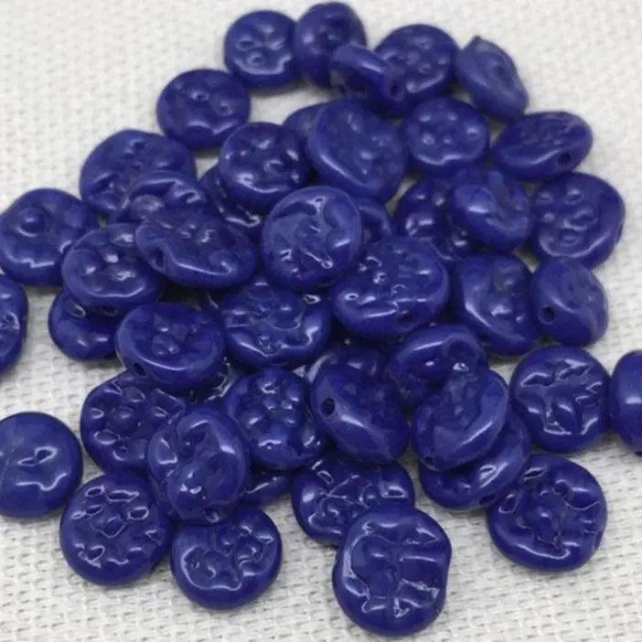 48 Vintage Blue Pressed Coin Glass Beads - Sea Beads