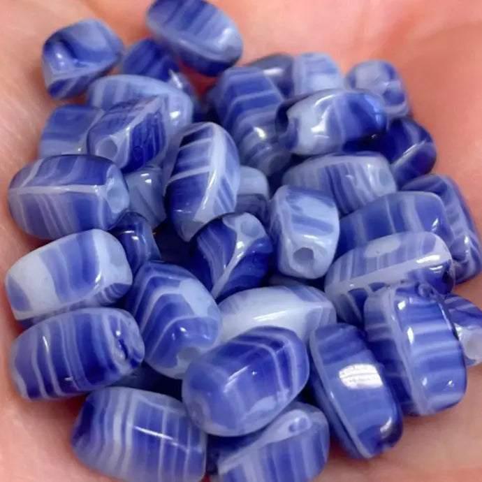 48 Vintage Blue Striped Czech Glass Beads - Sea Beads
