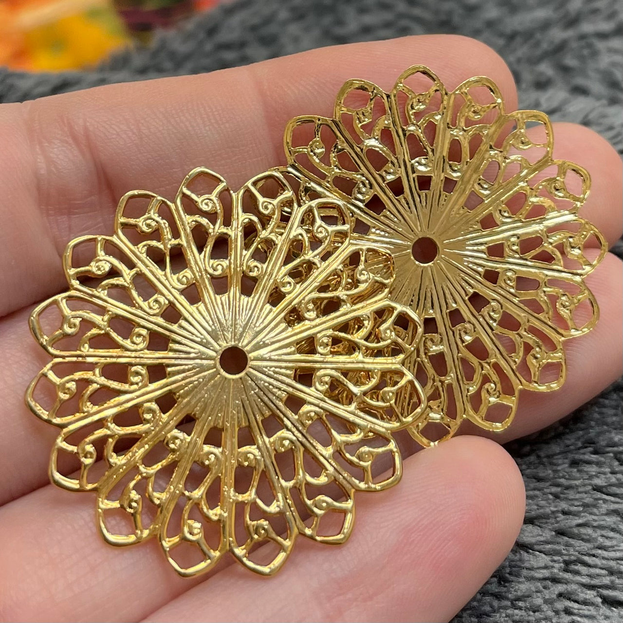 4 Vintage Gold Lacy Filigree Metal Stampings #7034