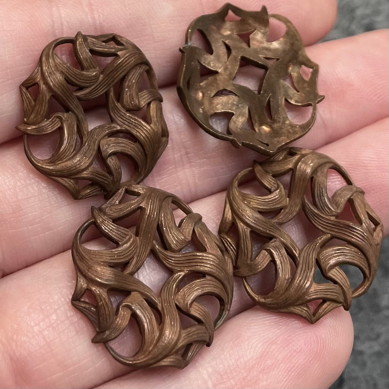 4 Vintage Brass Aged Floral Cast Metal Components