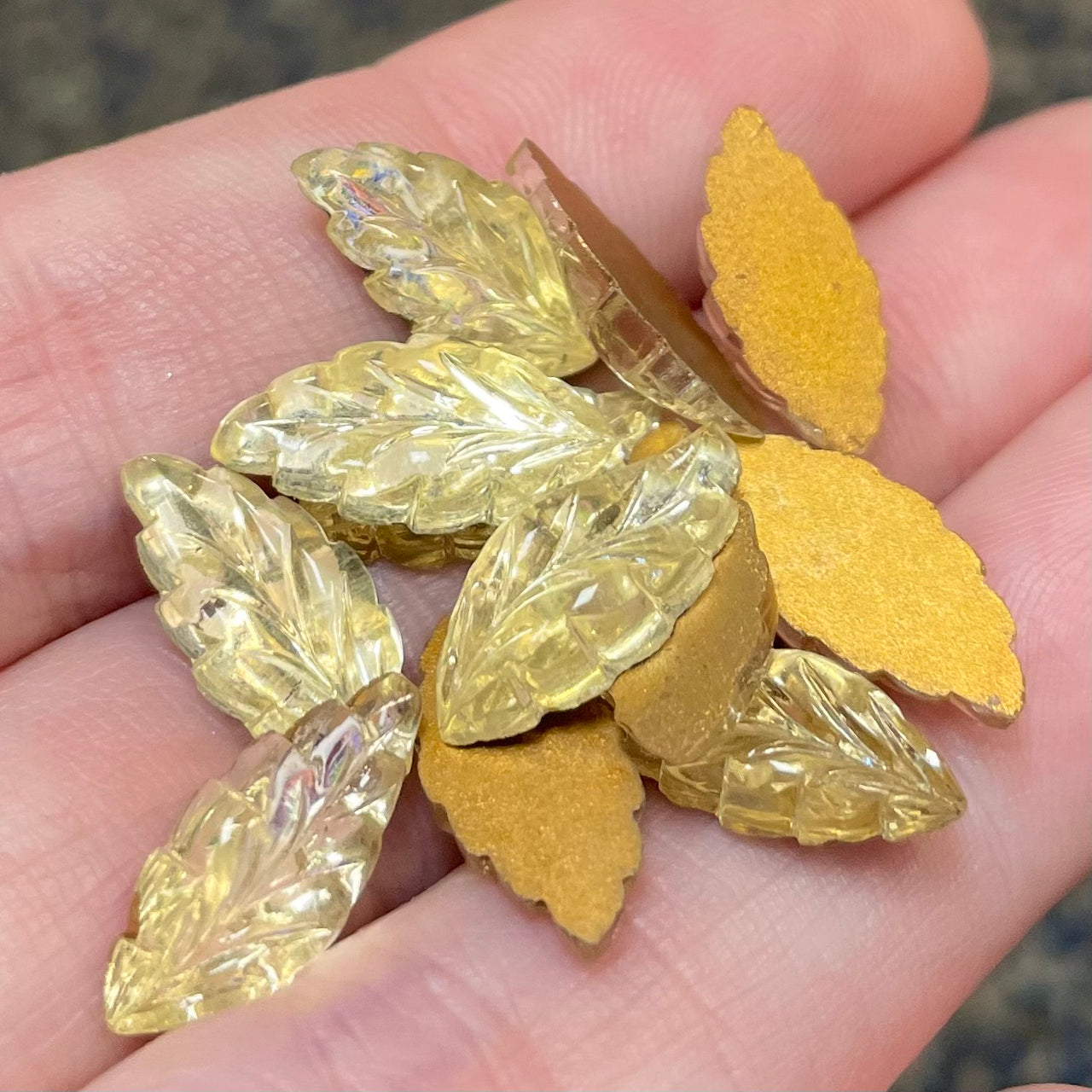 12 Vintage Yellow German Leaf Glass Cabochons