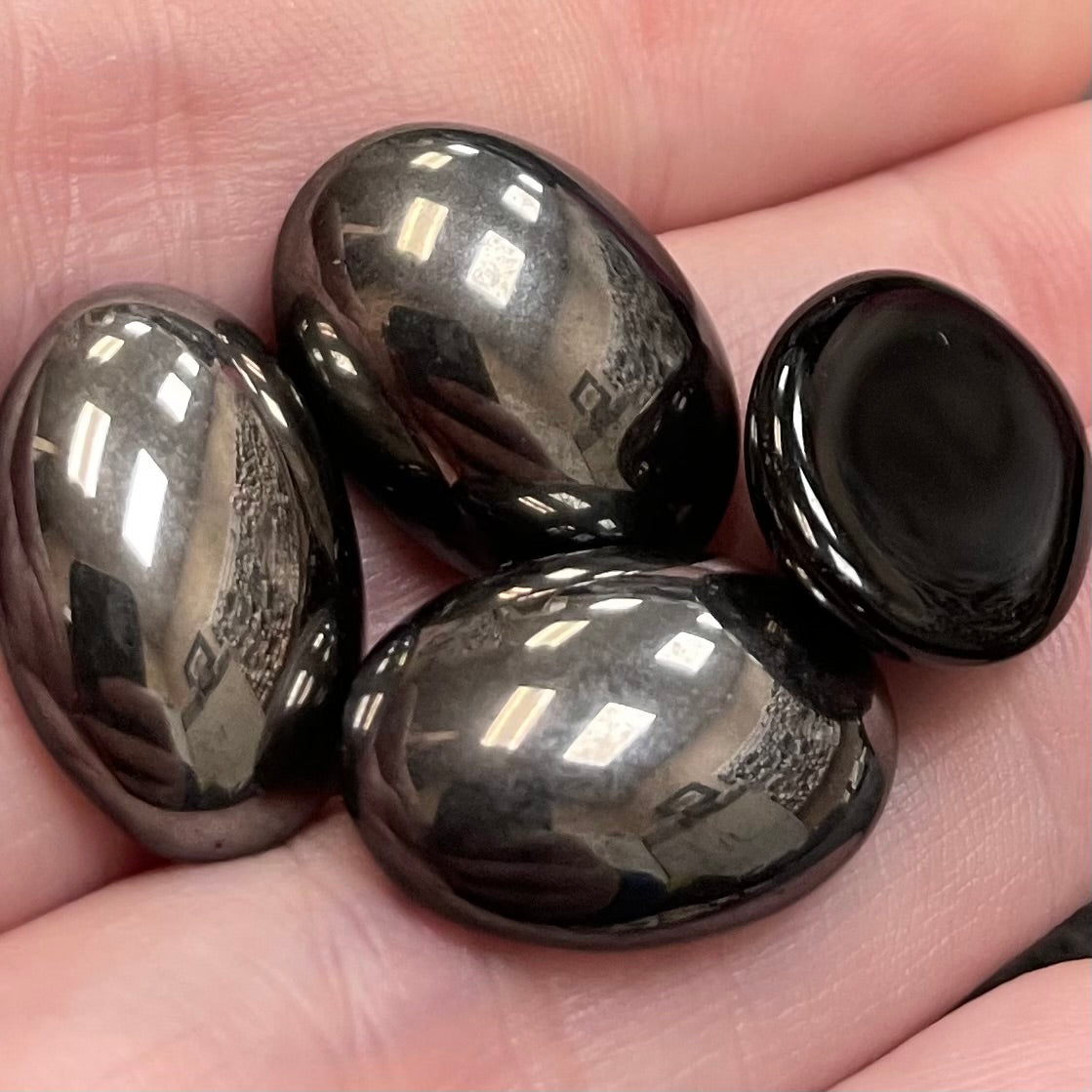 4 Vintage Gunmetal Oval Glass Cabochons