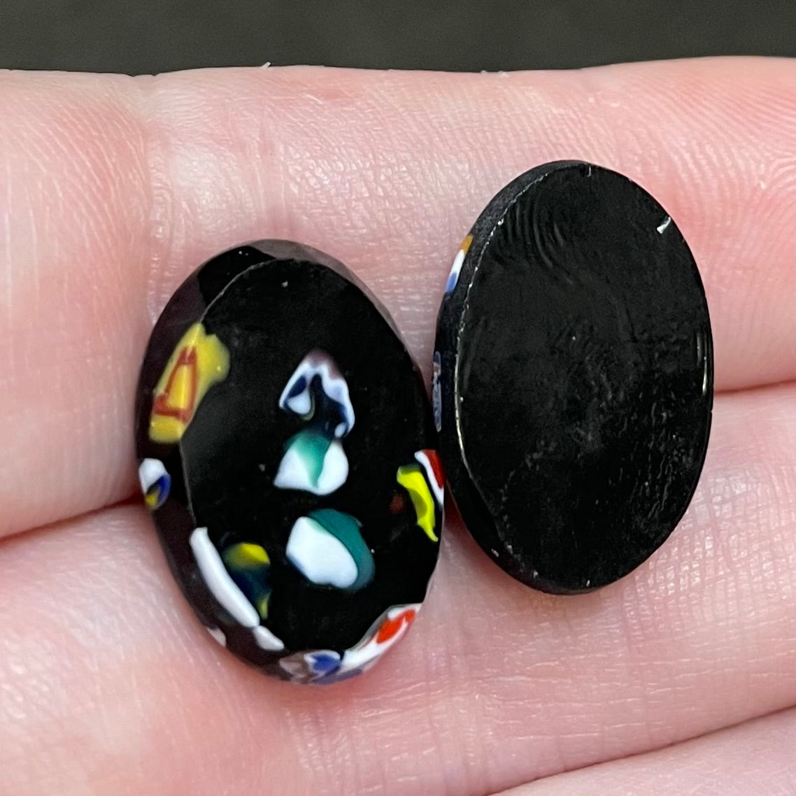2 Vintage Black Italian Millefiori Oval Glass Cabochons