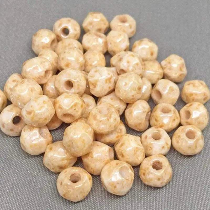 50 Beige Golden Czech Picasso Large Hole Glass Beads - Sea Beads