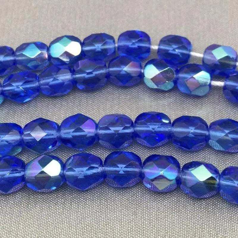 50 Blue Sapphire Dark AB Czech Fire Polished Glass Beads - Sea Beads
