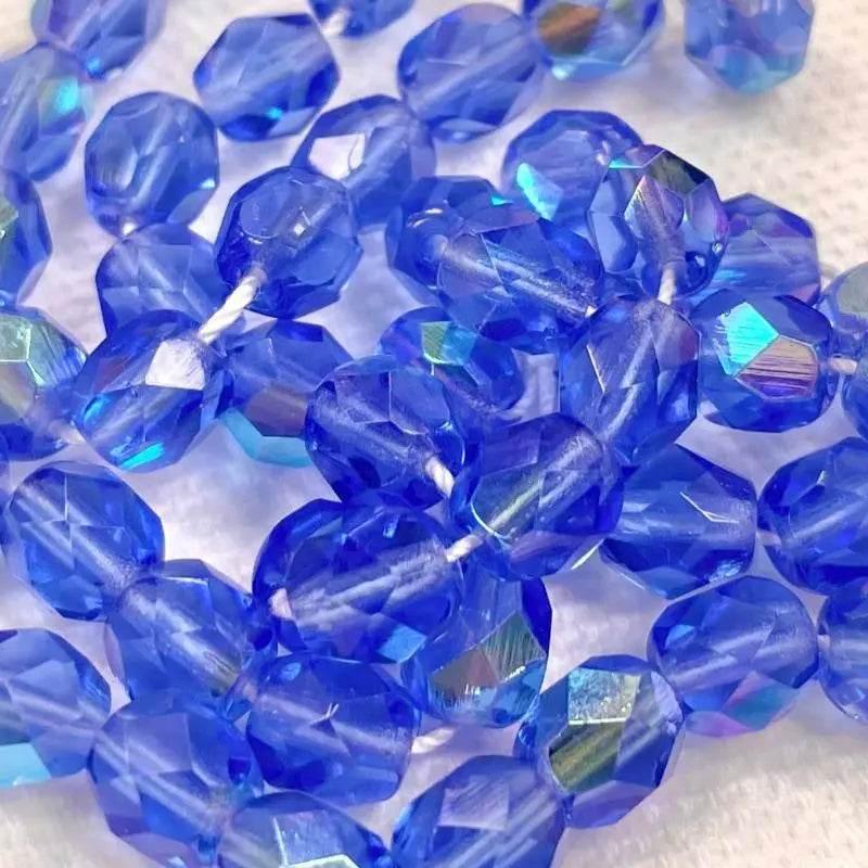 50 Blue Sapphire AB Czech Glass Fire Polished Beads - Sea Beads